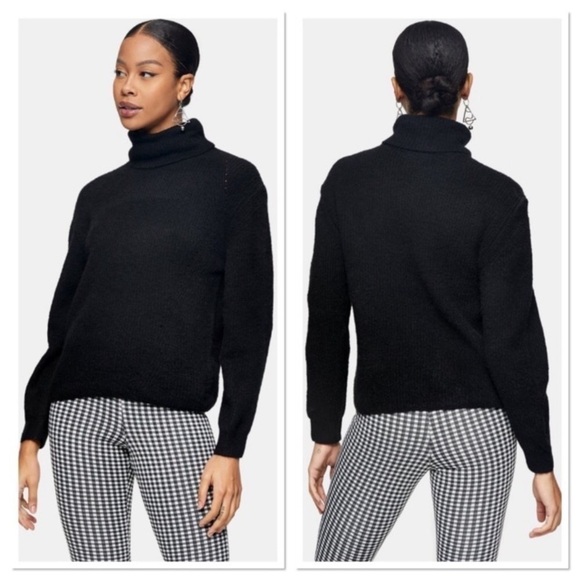 New Topshop Black Roll Neck Turtleneck Knit Chunky Wool Blend Sweater Size 0-2 - Picture 3 of 13